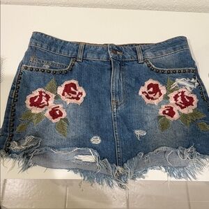 Free People Blue Denim Mini Skirt with Floral Embroidery